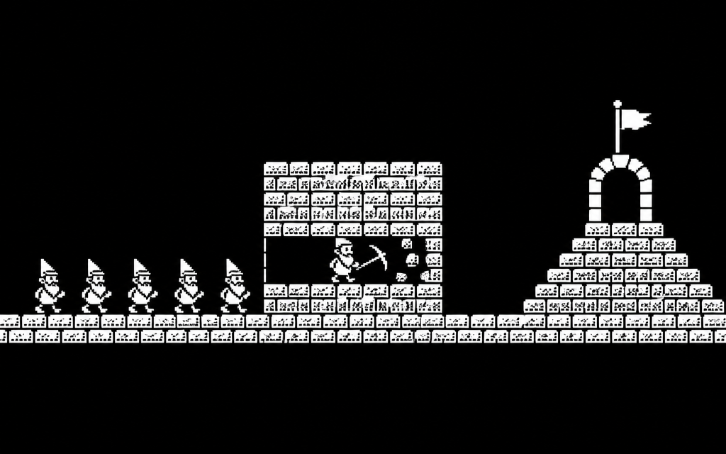 Black and white scene with gnomes digging through a square block