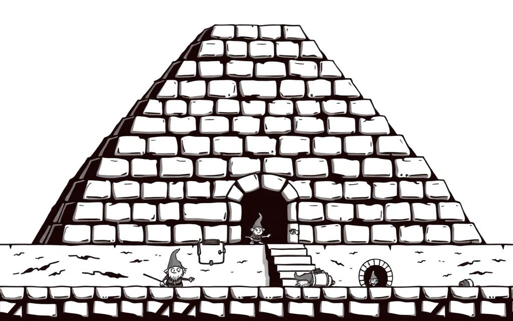 Black and white pyramid full of digging gnomes